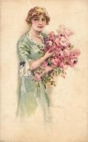 Lady with flowers, artist signed (fl)