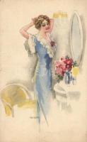 Lady with flowers, mirror, artist signed (fl)