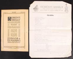 1913 Reményi Mihály zongora és pianínó árjegyzék-kivonat + kérdőív