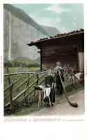 Lauterbrunnenthal, Alphornbläser und Spitzklöpperin / horn blower man, lacemaker woman, folklore