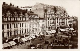 Bucharest, Piata Teatrului / square, Gioconda cafe, Hotel Riegler and English, Victors shop, automobiles