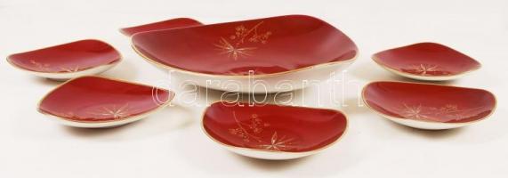 Weimar német porcelán desszertes készlet 6 db kistányérral és egy tálalótállal, jelzett, 13x13 és 26...