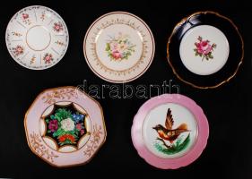 5 db különböző mintájú és márkájú porcelán kistányér, hibátlan, jelzett