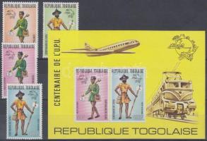 1974 100 éves az UPU: régi postásegyenruhák sor Mi 1035 A - 1038 A + blokk Mi 84 C