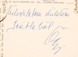 1968 Puskás Ferenc (1927-2006) saját kézzel írt képeslapja Sebes Gusztáv szövetségi kapitánynak az USA-ból / Autograph written postcard