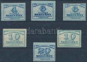 Magyarországi Kereskedelmi Utazók Egyesülete 6 db (4f, 2x 6f, 2x 10f, 20f) engedmény bélyeg (RR!)