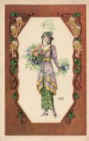 Lady with flowers, floral, B.K.W.I. 134-4 s: August Patek (EK)