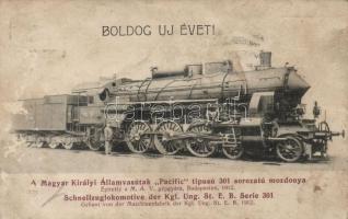 Magyar Királyi államvasútak Pacific típusú 301 sorozatú mozdonya / locomotive, New Year greeting card (wet damage)
