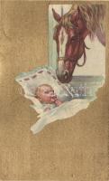 Italian art postcard; Baby, horse; golden decoration, Anna & Gasparini 112-3 s: V. Castelli