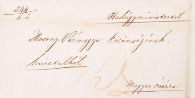 1848. 06. 03. Mészáros Lázár (1796-1958) hadügyminiszter saját kézzel aláírt Moson  megyének, melyben a megyében esetleg keletkező zavarok megelőzése érdekében katonaság mozgatását rendeli el.