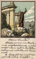 Budapest, Szent Gellért szobra / Gellért's statue; Wiener style art postcard s: Földes