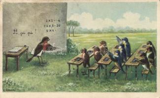 Birds in school, humour, B.K.W.I. 552-5 s: Öhler (Rb)