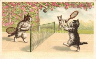 Tennis playing cats, flowers
