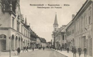 Nagyszeben, Hermannstadt; Fleisher utca, Posta épület, P. König fodrászüzlete / Fleischergasse, Postamt / street, post office, hairdresser&#039;s shop