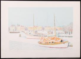 Perger Dénes: Svéd kikötő. Színezett litógráfia, papír, számozott, jelzett, 26,5×40 cm