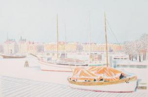 Perger Dénes: Svéd kikötő. Színezett litógráfia, papír, számozott, jelzett, 26,5×40 cm