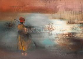 Várkonyi János (1947-): Csősz. Olaj, farost, jelzett, üvegezett keretben, 60×80 cm