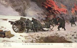 WWI K.u.K. Feldkanonen-Regt. Nr. 16. / canons, artist signed (wet damage)