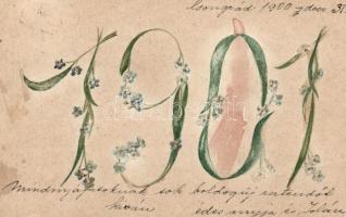 1901 Handmade New Year greeting card, floral (non PC)