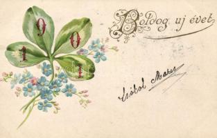 1901 Boldog új évet! / New Year greeting card, clover, floral Emb. litho