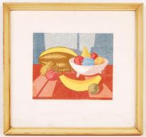 Jánosi Sándor (1927-): Csendélet sárgadinnyével. Színes szitanyomat, papír jelzett, üvegezett keretb...