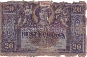 1919. 20K I.kiadás, részben a korabeli papírragasztáson,részben magán a bankjegyen lila "Szeged" ellenbélyegző + kézírásos megjegyzés T:IV