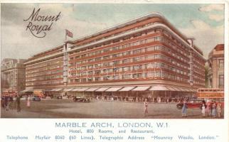 London, Hotel Marble Arch (Mount Royal) advertisement, automobiles (small tear)