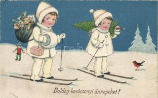 Christmas, skiing girls, litho (b)