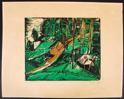 Papp László (1922-): Domboldal. Színezett linó, karton, jelzett, foltos, 25×30 cm