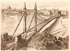 Farkas Rozália: A régi Erzsébet-híd. Rézkarc, papír, jelzett, 14×20 cm