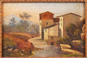 Jelzés nélkül: Horgászó ember. Olaj, vászon, antik keretben, 17×24 cm