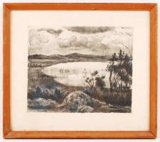 Fehér Ilona (1913-1983): Balatoni öböl. Rézkarc, papír, jelzett, üvegezett keretben, 24×30 cm