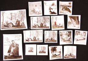 cca 1930 Autókról készült fotók, 16 db, 5x5 és 8x11 cm közötti méretekben