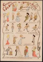 cca 1900 Francia rövidárubolt képregényszerű verses reklámnyomtatvány. Színezett fametszet /  cca 1900 French confectionery comics-like commercial. Colored wood engraving 20x30 cm