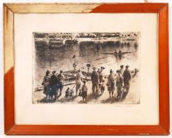 Kórusz József (1927-2010): Hajóállomás. Rézkarc, karton, jelzett, 39×29 cm