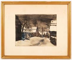 Élesdy István (1912-1987): Csendes utca. Rézkarc, papír, jelzett, üvegezett keretben, 23×30 cm