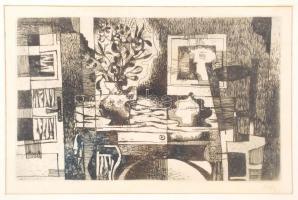 Túry Mária (1930-1992): Szoba. Rézkarc, papír, jelzett, üvegezett keretben, 20×30 cm