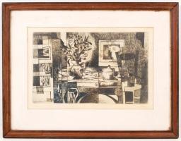 Túry Mária (1930-1992): Szoba. Rézkarc, papír, jelzett, üvegezett keretben, 20×30 cm