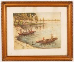 Conrád Gyula (1877-1959): Duna parton. Színezett rézkarc, papír, jelzett, üvegezett keretben, 28×36 ...