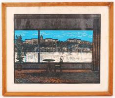 Krajcsovics Éva (1947-): Budapesti panoráma. Színezett linó, papír, jelzett, üvegezett keretben, 38×49 cm