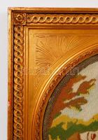 Dekoratív antik képkeret, benne goblein képpel, külső méret:38×37 cm, d:28 cm