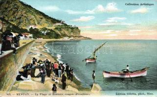 Menton, La Plage, rochers rouges / beach, Red rocks, boats