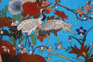 Antik madaras kínálótál, zománc díszítéssel, sérült, d:30 cm