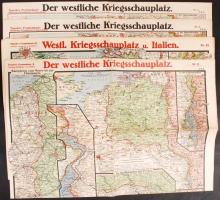 1915-1918 12 db Rendszeresen megjelenő 2 oldalas háborús térképsorozat, a nyugati és a keleti front mozgásáról. /  1915-1918 12 regularly published military maps of the Western and Eastern fronts.  50x60 cm