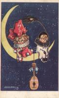 Italian art postcard, Clown couple on the Moon, artist signed