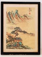 Jelzett kínai tájkép, akvarell, selyem, üvegezett keretben, 30×20 cm