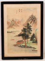 Jelzett kínai tájkép csónakosokkal, akvarell, selyem, üvegezett keretben, 30×20 cm