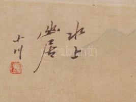 Jelzett kínai tájkép csónakosokkal, akvarell, selyem, üvegezett keretben, 30×20 cm