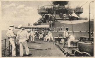 K.u.K. navy, SMS Erzhezog Karl, Vorderes Freideck / on board (litho flag on backside)