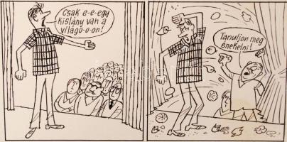 Gerő Sándor (1904-1977): Szomszéd Balázs lecsót vacsorázik. Tus, papír, jelzett, 9×33 cm